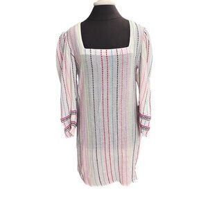 NWT Pitusa White Striped Embroidered Long Sleeve Square Neck Tunic Coverup S